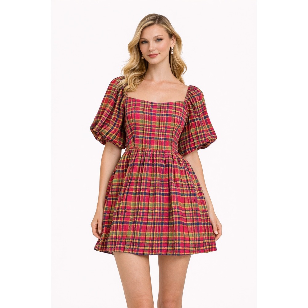 Queen of Hearts Plaid Puff Sleeve Square‎ Neck Mini Dress Women's Size M